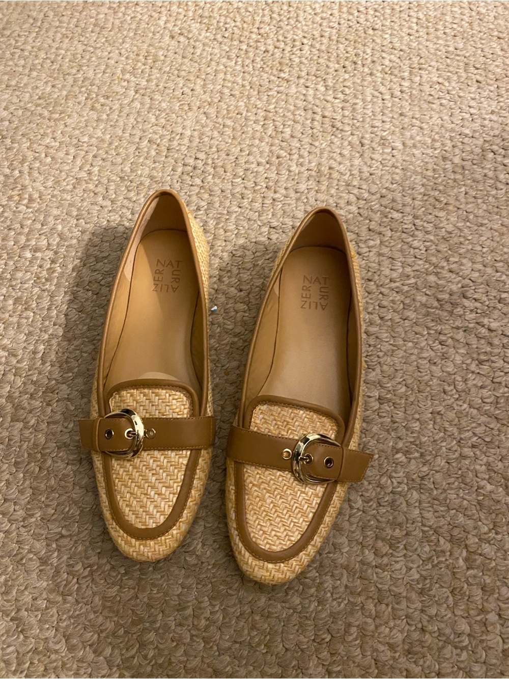 Naturalizer Tan Woven Leather Loafers with Gold Buckle